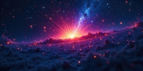 Wall Mural - A breathtaking nighttime scene of a vibrant starburst explosion radiating outwards from a central point in the inky black sky, creating a captivating celestial display , stellar, stardust