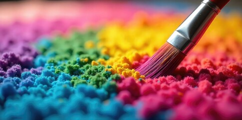 Wall Mural - A close-up shot of a paintbrush applying vibrant hues to a plush carpet, transforming its texture and color The scene showcases creative home decor and unique design , creative, revamp