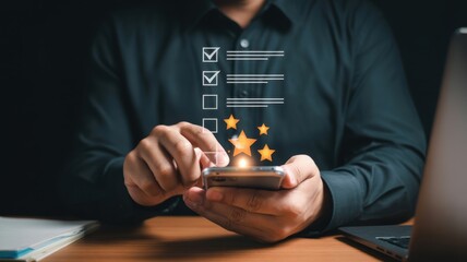 Person using a smartphone to complete a checklist with glowing stars.