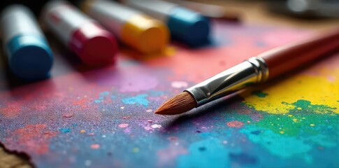 Wall Mural - Close-up of a paintbrush resting on a vibrant, colorful palette, surrounded by tubes of paint and a canvas The scene evokes creativity and artistic expression , background, palette, inspiration