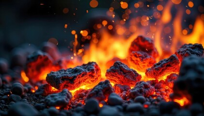 Wall Mural - Close-up of burning embers with vibrant sparks flying, creating a mesmerizing display of fiery light and texture Perfect for themes of energy, passion, and fleeting beauty , incandescent, mystical