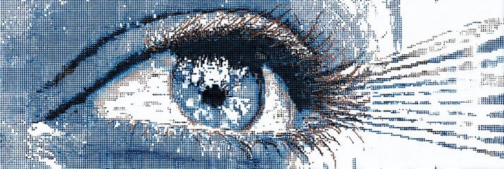 Fototapete - Pixelated Eye Graphic Transforming Into Sharp Symbol Showcasing Digital Recovery and Clarity in a Modern Design