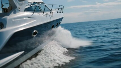 Poster - A yacht moving at high speed on the sea, with a close-up of its bow and waves splashing against it. The background is a blue sky and calm water, creating an atmosphere of freedom and adventure.