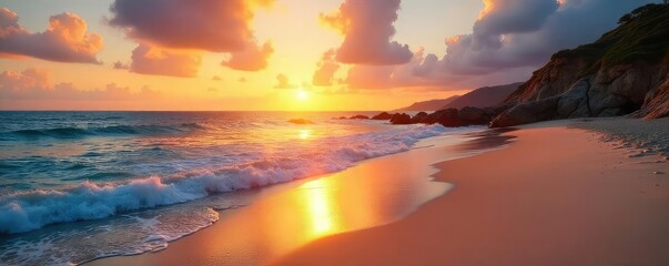 Wall Mural - Serene coastal scene at sunset Golden light bathes the sandy shore and tranquil ocean waves Perfect for travel, nature, or vacation themes , dawn, relaxing, sun