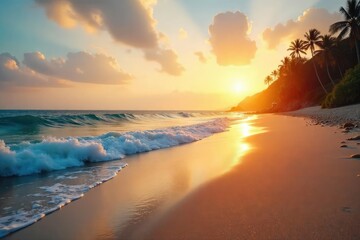 Wall Mural - Serene oceanfront scene at sunrise Golden light bathes the tranquil beach, waves gently lapping the shore Perfect for travel, vacation, or coastal themes , ocean, waterfront, serene