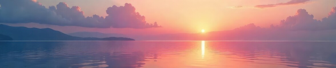 Wall Mural - Serene sunrise over calm water, soft pastel colors illuminating the peaceful scene Perfect for relaxation, meditation, and tranquility themes , dawn, golden hour