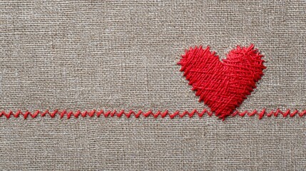 Aufkleber - Red Thread Stitched Heart on Textured Linen With Blank Space Above for Creative Design or Messaging