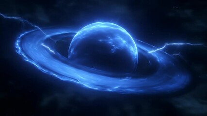 Wall Mural - animated glowing blue planet with rings and lightning in space.