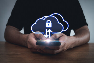 Wall Mural - people hand using data protection application on mobile smartphone, backup storage management, anti virus, firewall, data protection, internet network technology, cloud storage technology concept