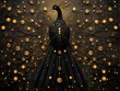 © Ihor - Elegant black and gold abstract peacock with intricate patterns and a dazzling, illuminated tail adorned with sparkling golden orbs, symbolizing luxury and celebration