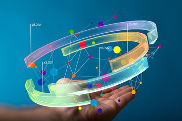 Poster - Abstract image of a hand holding a colorful 3D data network visualization. Perfect for technology, innovation, and connection concepts.