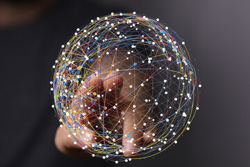 Poster - Hand interacting with a digital globe, representing global connectivity and networking.