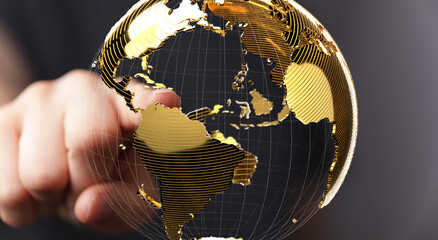 Poster - High-quality image of a hand interacting with a golden globe, ideal for business and technology concepts.