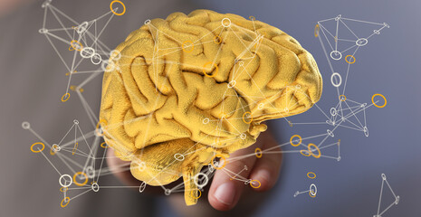 Leinwandbilder - Abstract image of a golden brain with interconnected nodes, representing neural networks and cognitive processes.