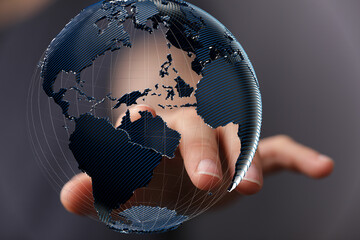 Poster - High-quality stock photo of a hand interacting with a digital globe, representing global connectivity and networking.