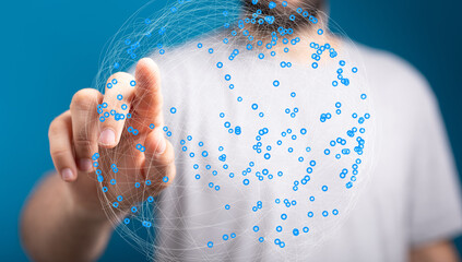 Poster - Abstract image of a hand interacting with a digital network.  Perfect for technology, connectivity, and global concepts.