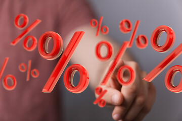 Poster - Hand pointing at floating red percentage signs.  Concept for discounts, sales, interest rates.