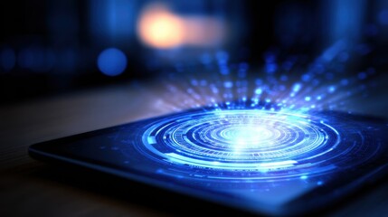 Fototapete - Futuristic tablet displaying holographic data visualization in a modern tech environment