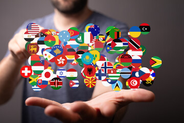 Poster - Diverse flags in a network, symbolizing global connections and international collaboration.