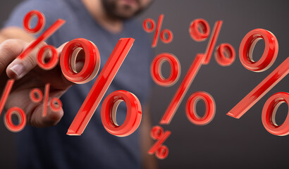 Poster - Red percentage symbols floating, man's hand interacting, sales, discount, finance, offer.