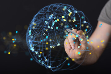 Poster - Hand drawing on digital globe, network, connection, technology, global, communication, digital, internet, data, futuristic, abstract, innovation, science,