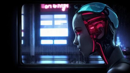 Poster - Close-up of the head of an AI robot looking out the window of a moving train at the lights of a futuristic city. The scene is bathed in neon blues and reds, creating an immersive cyberpunk atmosphere.
