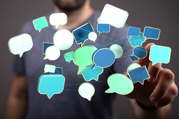 Poster - Concept image of interconnected speech bubbles, symbolizing global communication and networking.