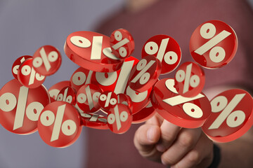 Poster - 3D render of red percentage symbols floating, ideal for discount and sale concepts.