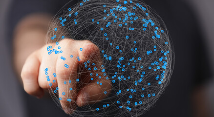 Poster - Abstract image of a hand interacting with a digital global network, representing connection and technology.