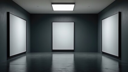 Poster - Blank picture frames on a grey wall illuminated by a glowing lamp, mock-up