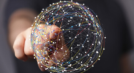 Poster - Abstract image of a hand interacting with a digital sphere representing global network connections and data flow.