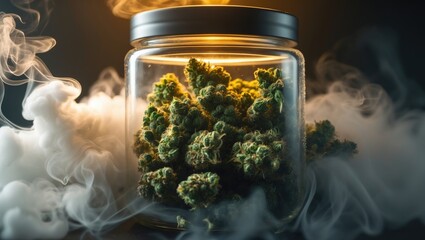 Poster - CBD-rich hemp marijuana buds in a sealed glass container, concealed from sight by a cloud of smoke.