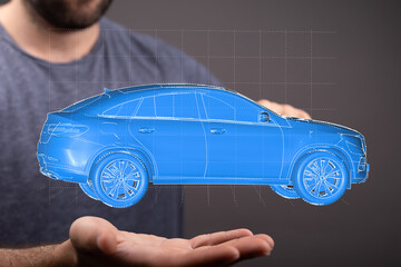 Poster - Futuristic car model in hand.  Concept of automotive design and technology.