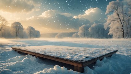 Poster - Blurred background of winter with gray trees and a brown wooden table, leaving space for you in the winter forest.