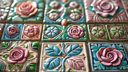 Poster - Close-up of the background and texture of vintage style old tile decorative surface featuring a flower design.