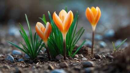 Poster - Bright Yellow Crocuses Emerging from the Soil seen in early spring.