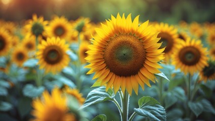 Poster - Close-up of yellow sunflower blossom illuminated by sunlight with copy space, featuring natural plants landscape as background, ecology wallpaper cover page concept.