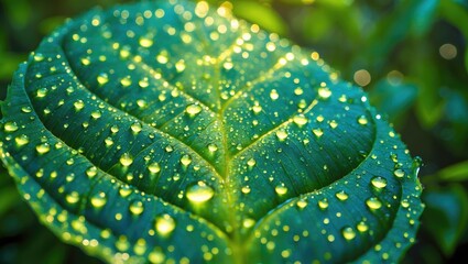 Poster - Close-up of rain drops on leaf for background imagery