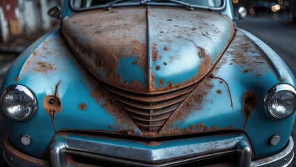 Poster - Car bonnet with damaged metal protective coating, peeling and cracked gray paint on the vehicle.