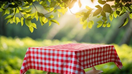 Poster - Checked tablecloth on wood surface with blurred green garden background. Summer and picnic themes. Design for key visual.