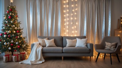 Poster - Christmas decor. A bright interior featuring a large Christmas tree, a gray cozy sofa, and prominent bright garlands on white walls.