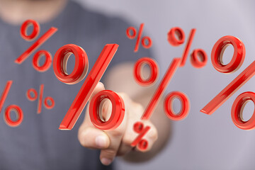 Poster - Attractive image of hand interacting with red percentage symbols. Ideal for sales, discounts, and finance.