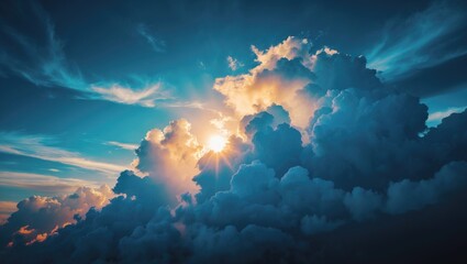 Wall Mural - Clear weather, sun on blue sky with clouds, sunrays, solar of clean energy power