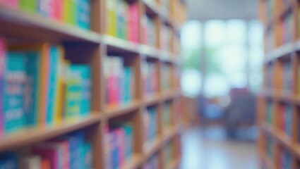 Poster - Blurry image of books, textbooks, and magazines on shelves in a public library or college for the purpose of education.