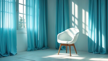 Poster - Chair and room window with curtains featuring drapes and blinds.