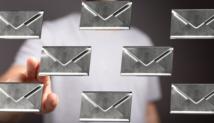 Poster - A person interacts with multiple email envelopes, showcasing digital communication and inbox management.