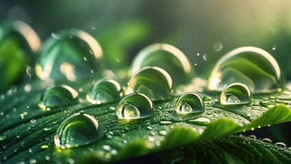 Poster - Close-up macro shot of dew water on green caladium leaves in the background.