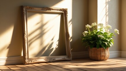 Poster - 70x100 frame mockup poster of a frame on the wooden floor, leaning against the white wall in the living room corner with plant decor.