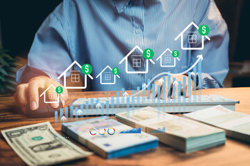 Poster - Real Estate. Hands Working with Financial Charts and Data Symbols Representing Real Estate Investment Growth and Profit Potential