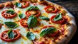 © AkuAku - Close-up of pizza, tasty Italian cuisine, and basil, Margherita pizza, Pepperoni pizza, Pizza served on a wooden table